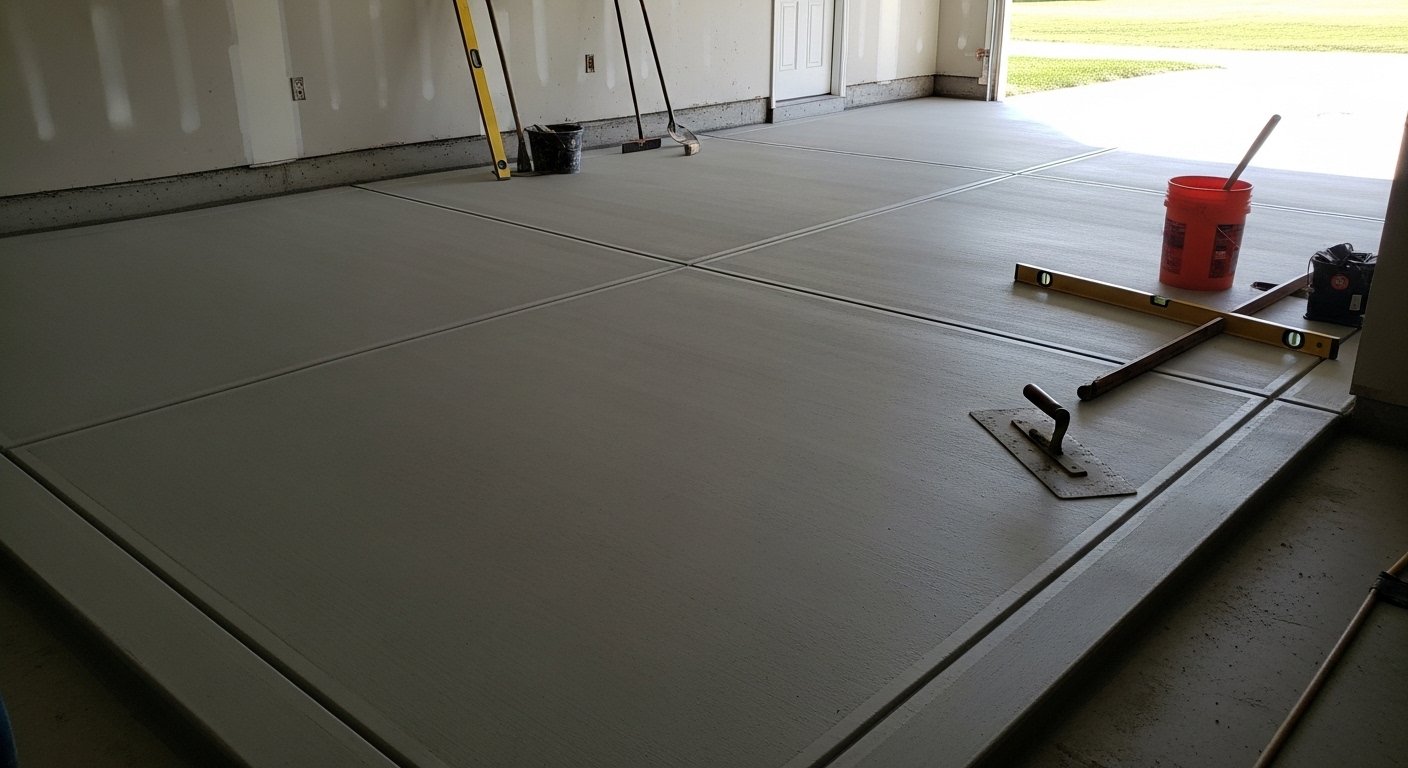 Fresh concrete slab installation with clean finish